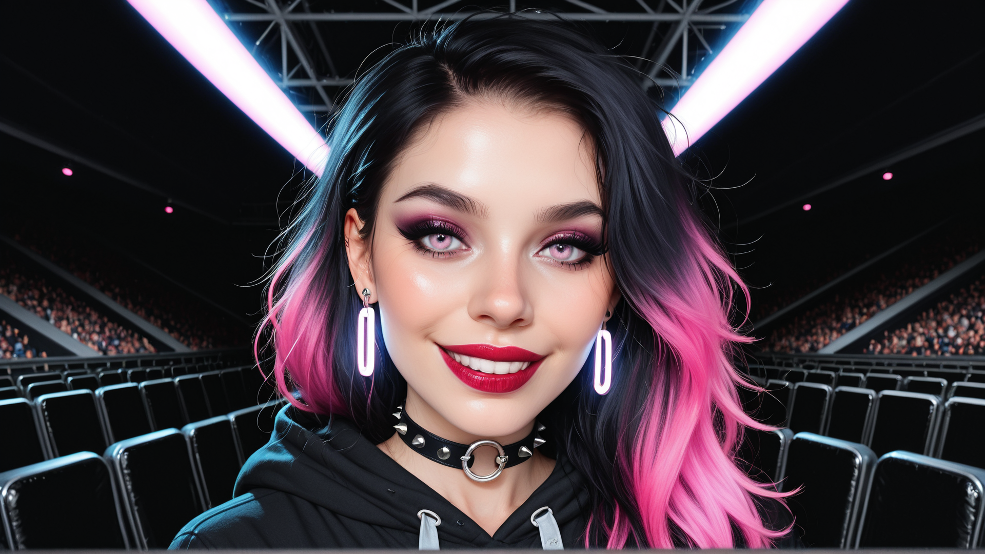 AI generated wallpaper featuring woman, audience, concert, stage, seats, hair, ears, choker, hoodie