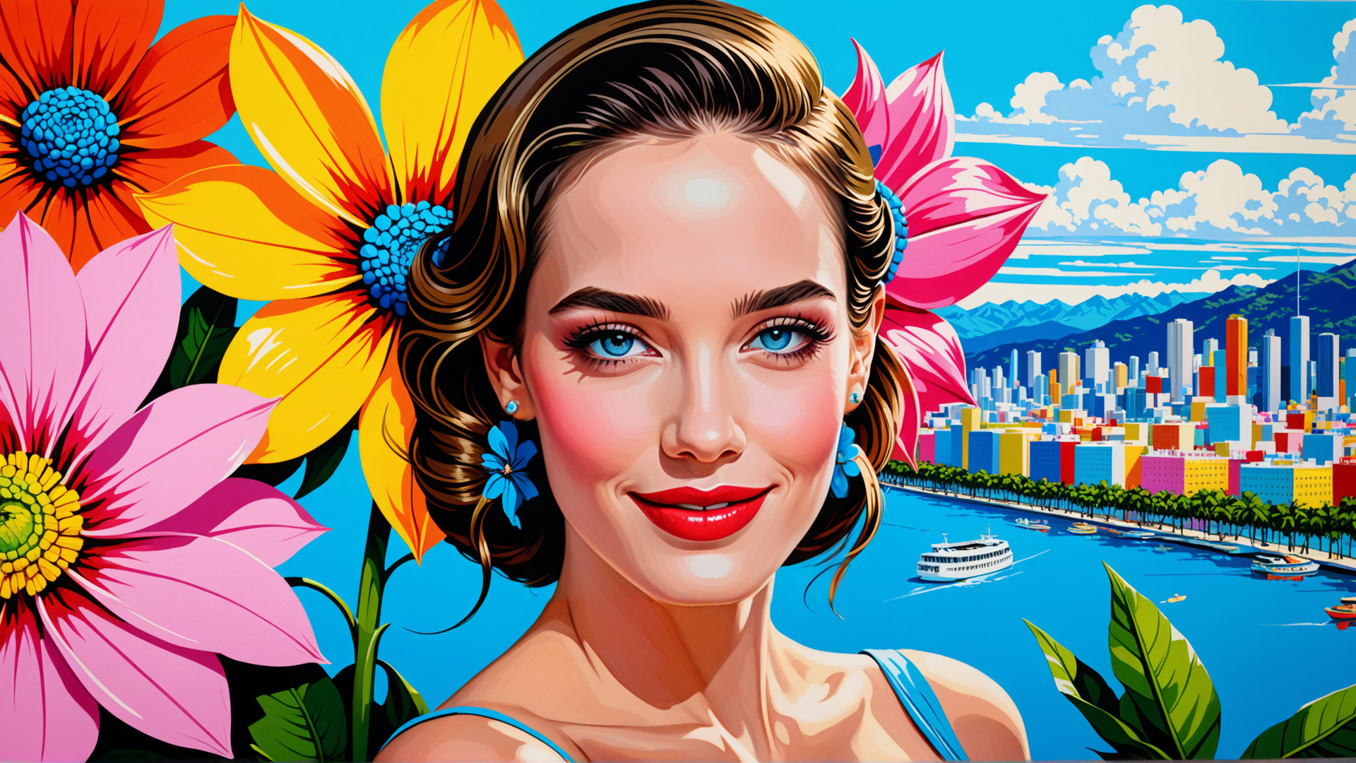 AI generated wallpaper featuring woman, flowers, cityscape, lakeside, buildings