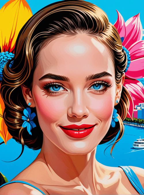 woman, flowers, cityscape, lakeside, buildings