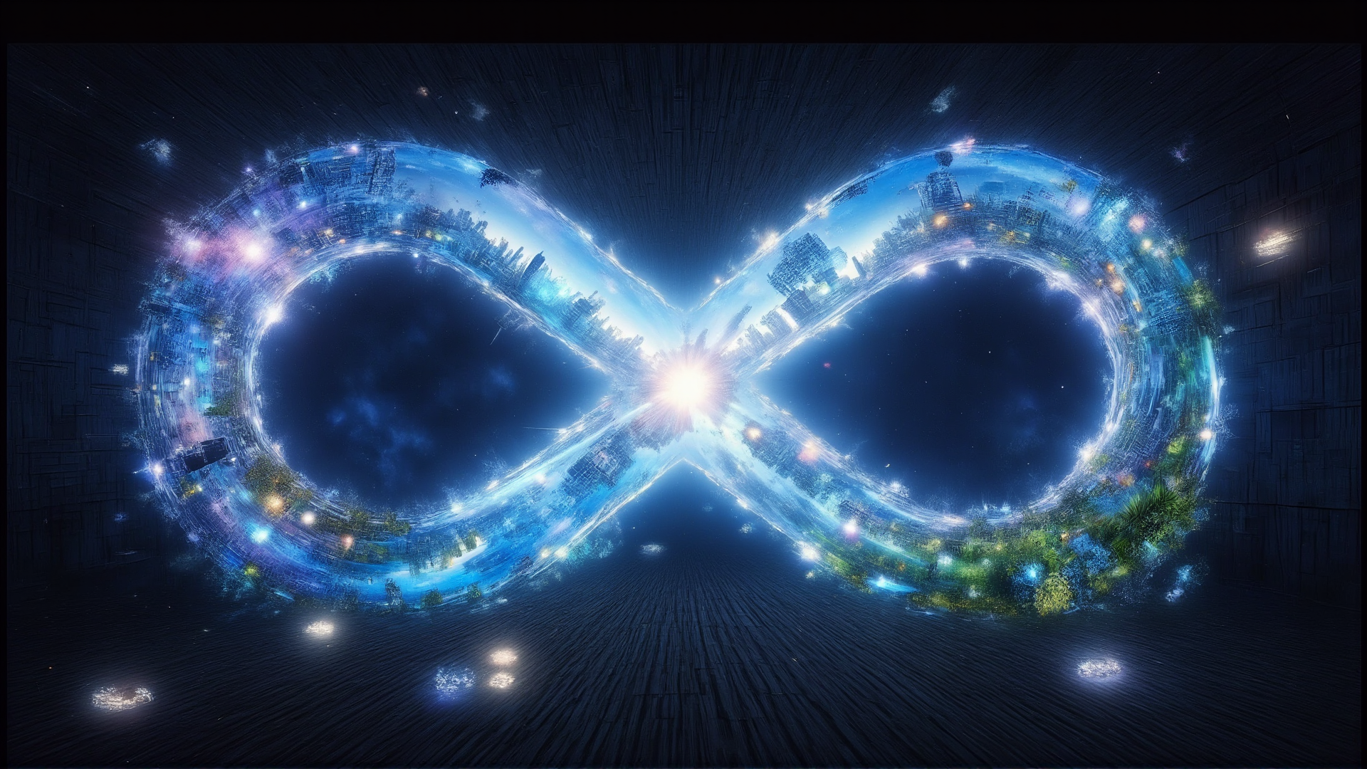 AI generated wallpaper featuring infinity symbol, cityscape, nature