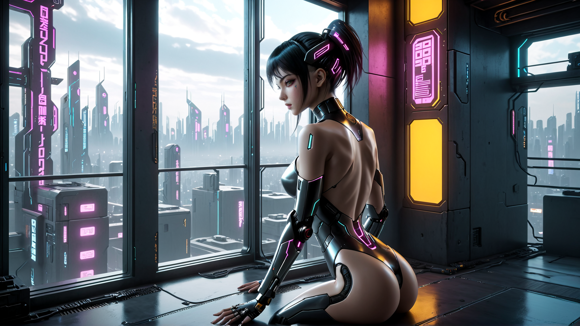 AI generated wallpaper featuring cyborg, woman, cityscape
