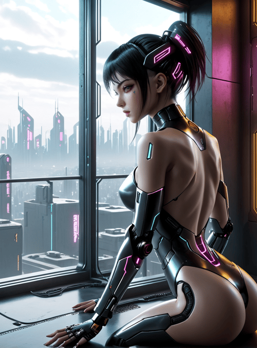 cyborg, woman, cityscape