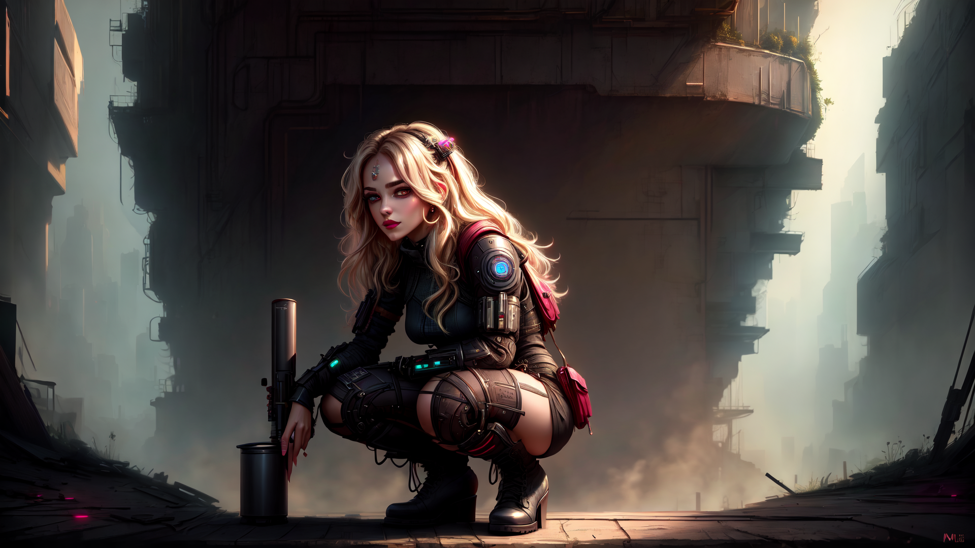 AI generated wallpaper featuring cyberpunk woman, futuristic city, mechanical armor, gun, helmet