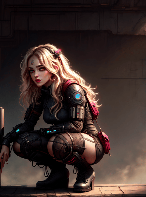 cyberpunk woman, futuristic city, mechanical armor, gun, helmet