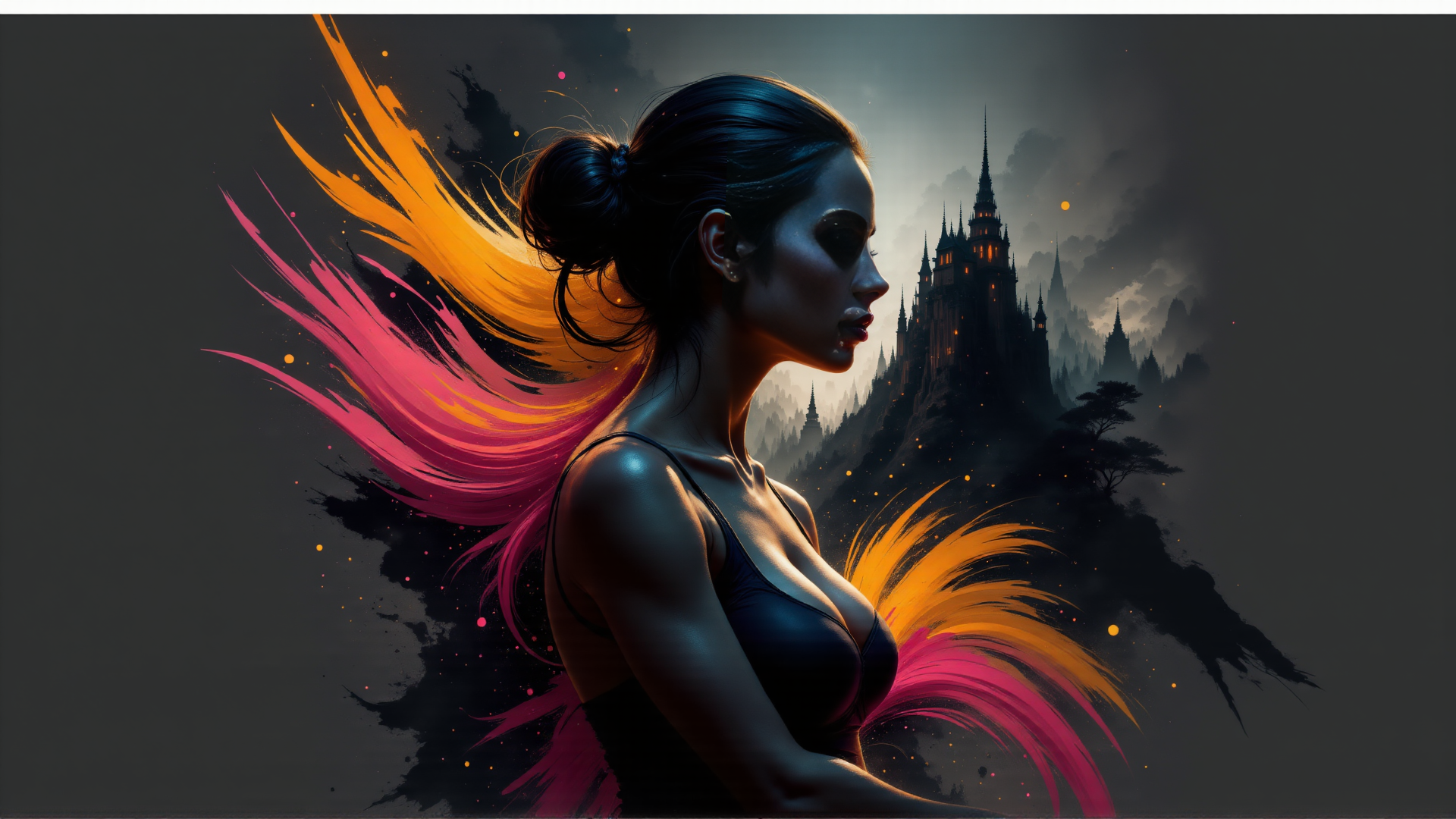 AI generated wallpaper featuring woman, castle, painting