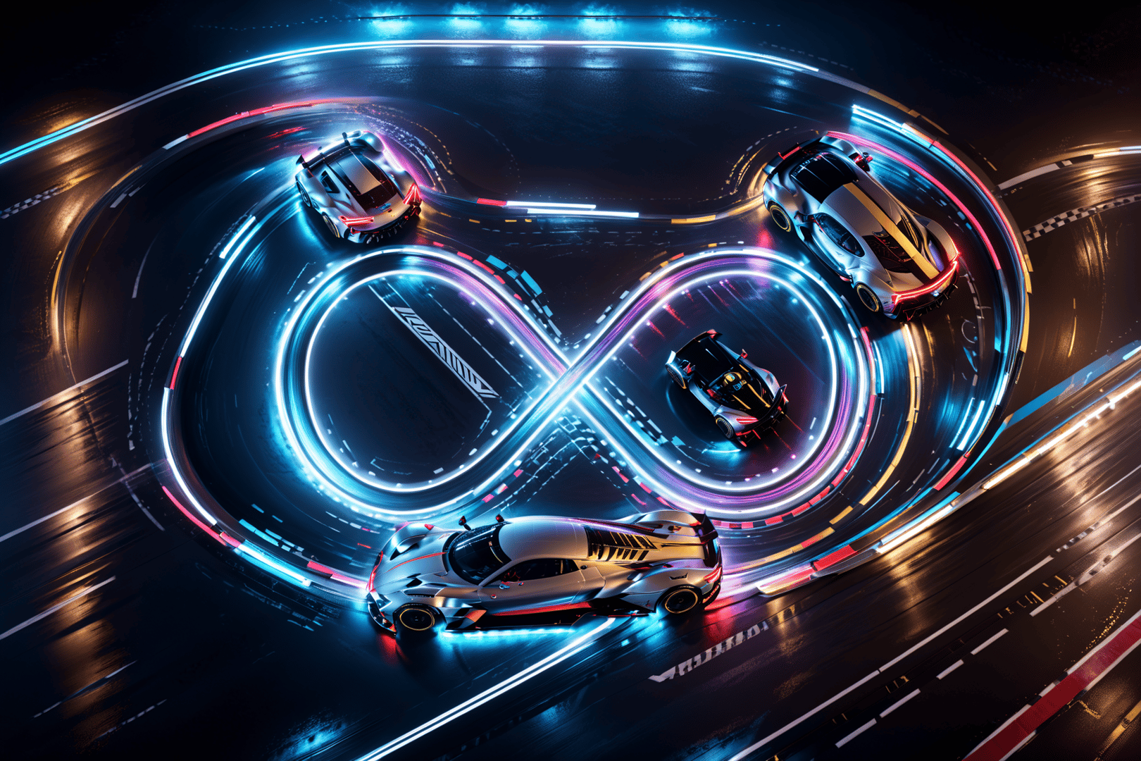 AI generated wallpaper featuring cars, race track, neon lights