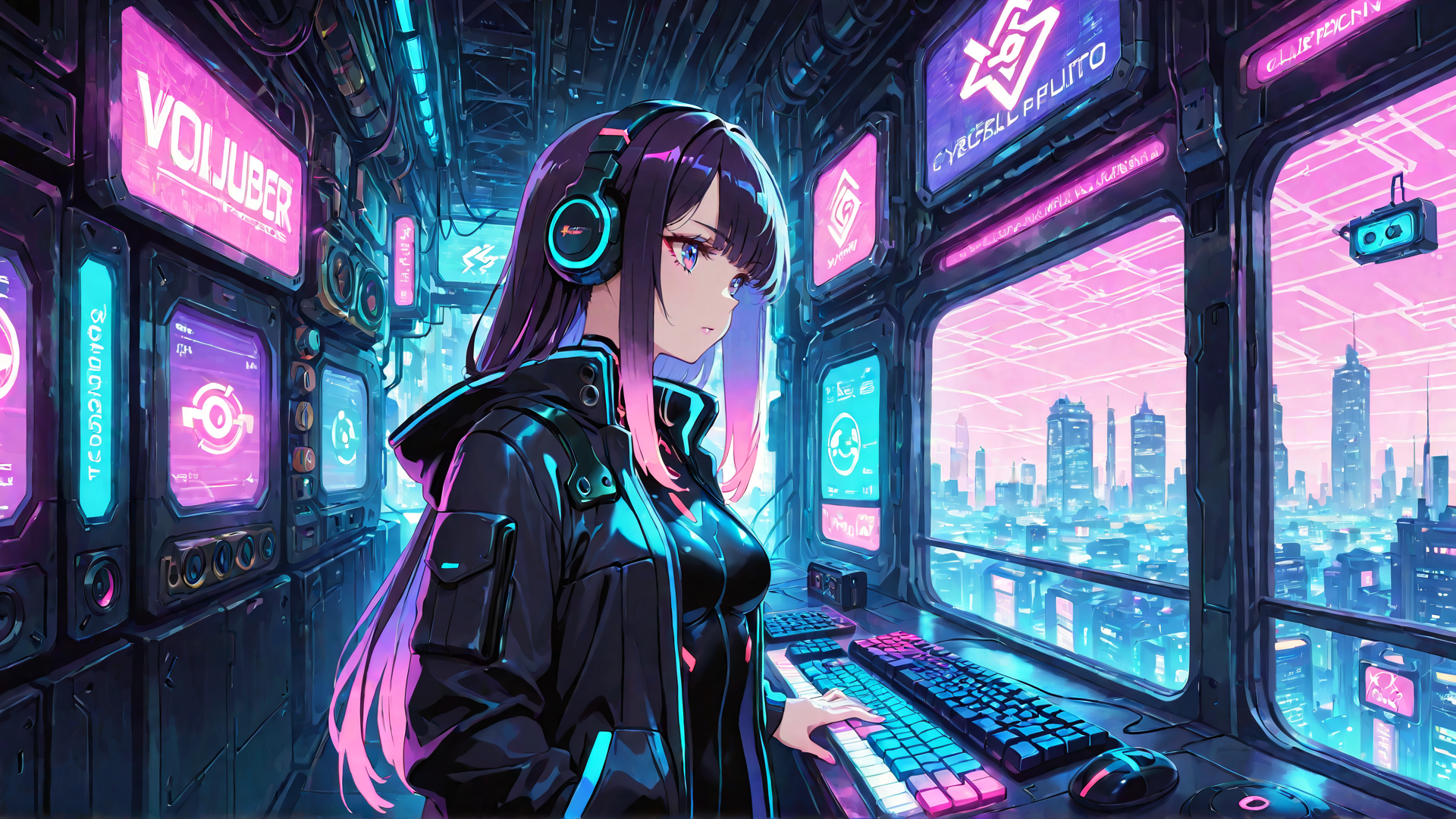 AI generated wallpaper featuring anime girl, cyberpunk, cityscape