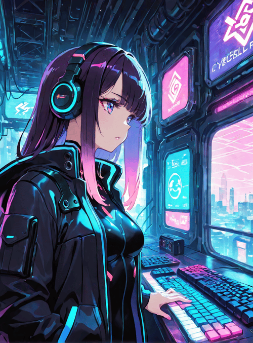 anime girl, cyberpunk, cityscape