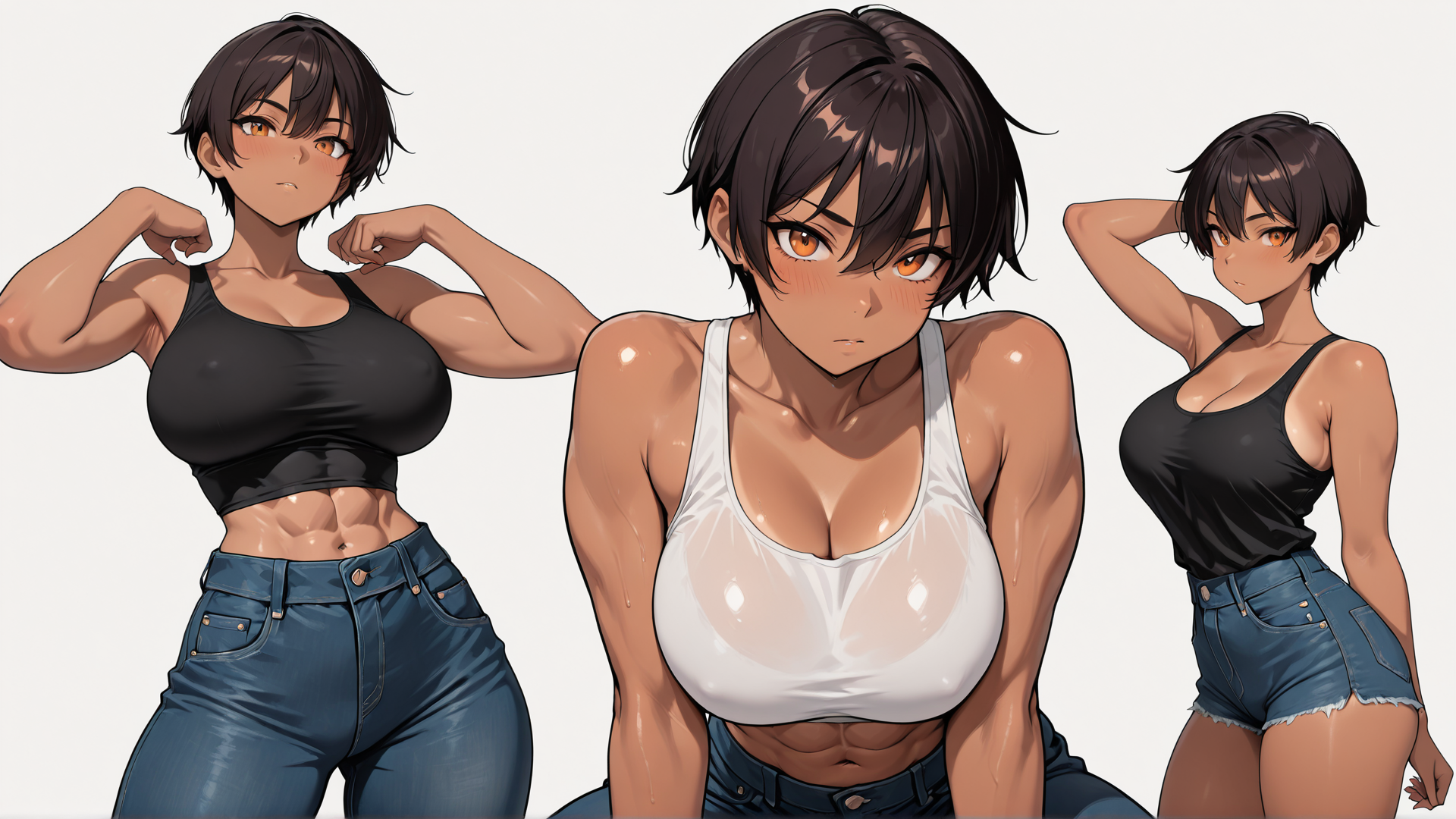 AI generated wallpaper featuring woman, muscle, tanktop, jeans, shorts