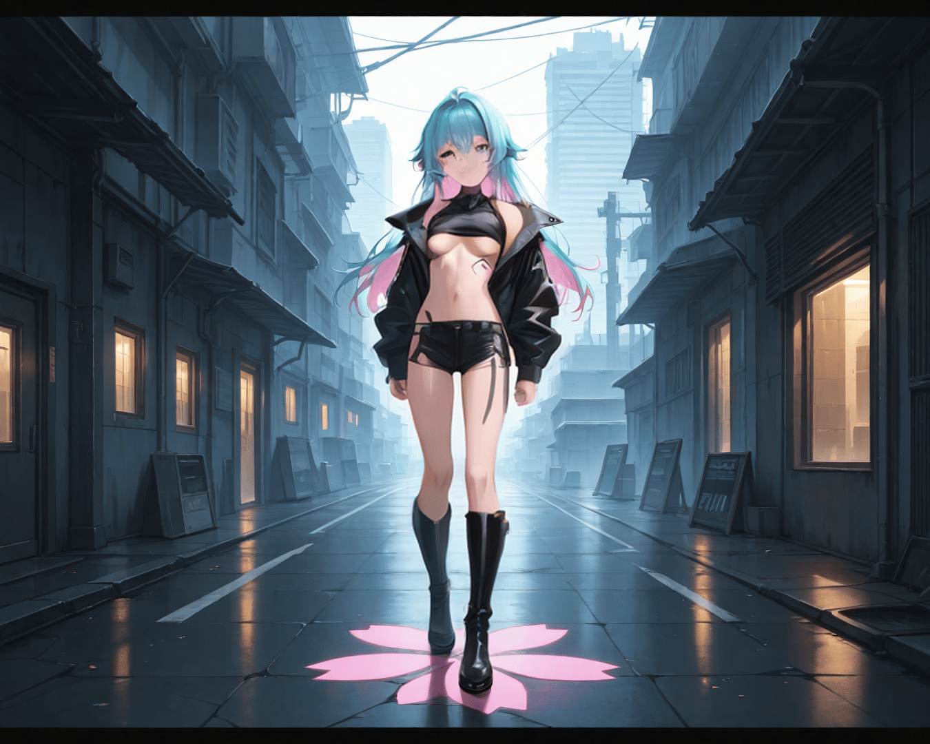 AI generated wallpaper featuring anime girl, cyberpunk, street