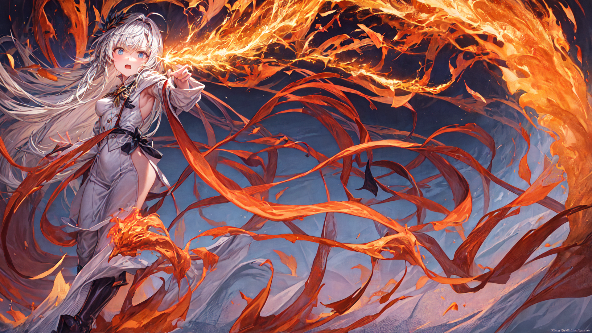AI generated wallpaper featuring girl, fire, ribbon