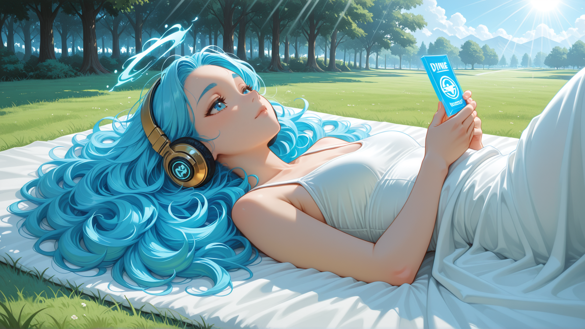 AI generated wallpaper featuring woman, headphones, phone, grass, trees, sun, blanket, blue hair, mountains, clouds