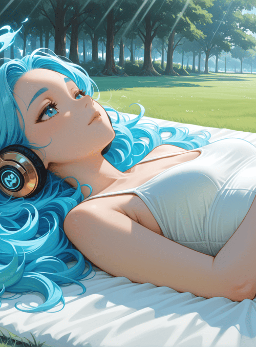 woman, headphones, phone, grass, trees, sun, blanket, blue hair, mountains, clouds