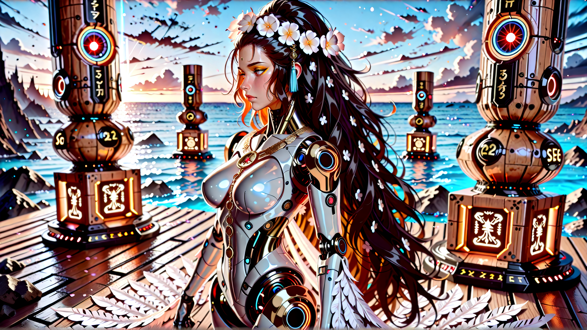 AI generated wallpaper featuring cyborg, woman, flowers, mechanical, feathers, ancient, technology, ocean, statues, sunset