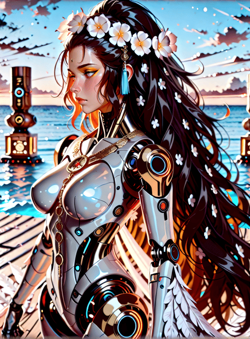cyborg, woman, flowers, mechanical, feathers, ancient, technology, ocean, statues, sunset