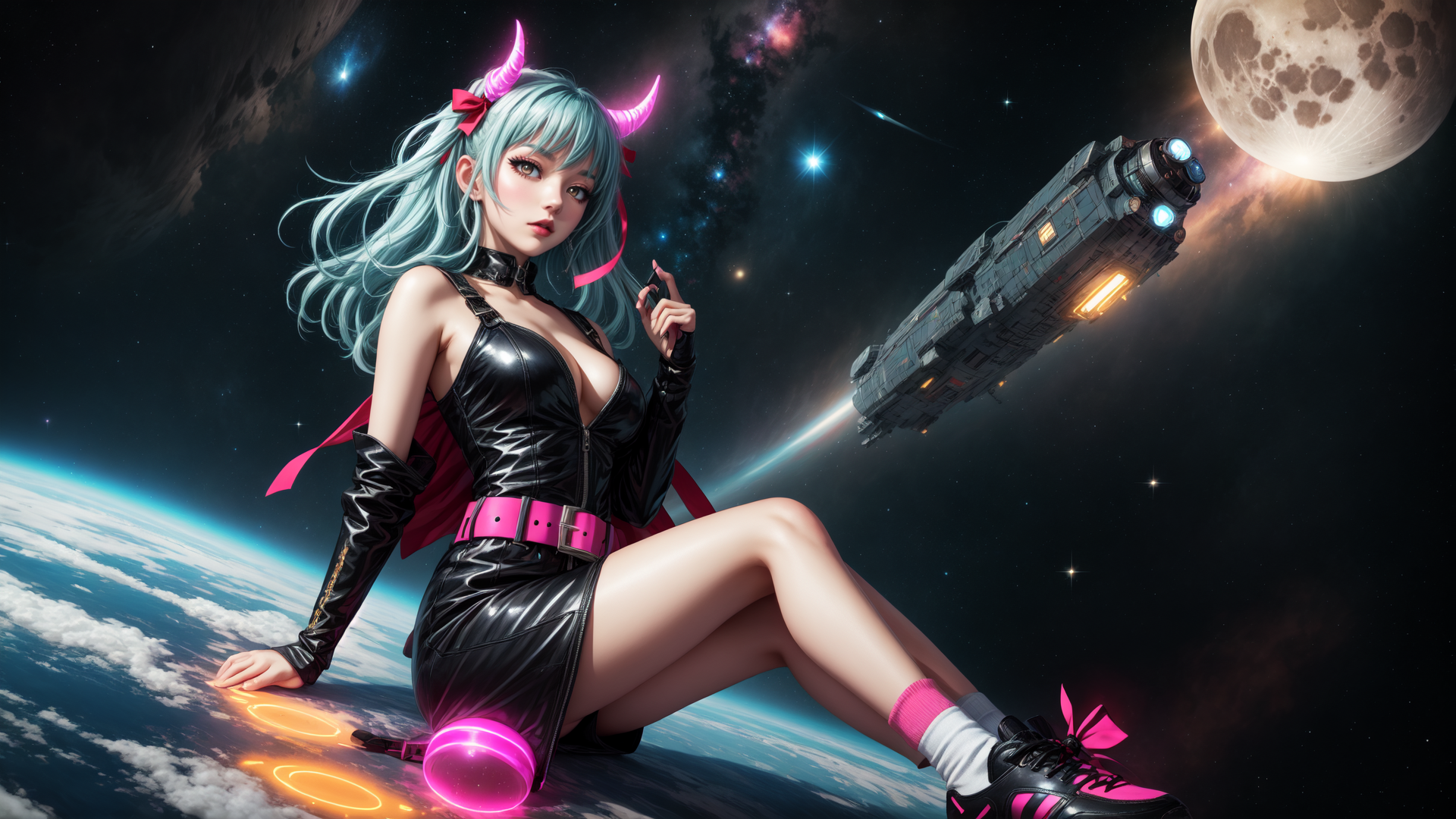 AI generated wallpaper featuring girl, space, spaceship, moon, planet