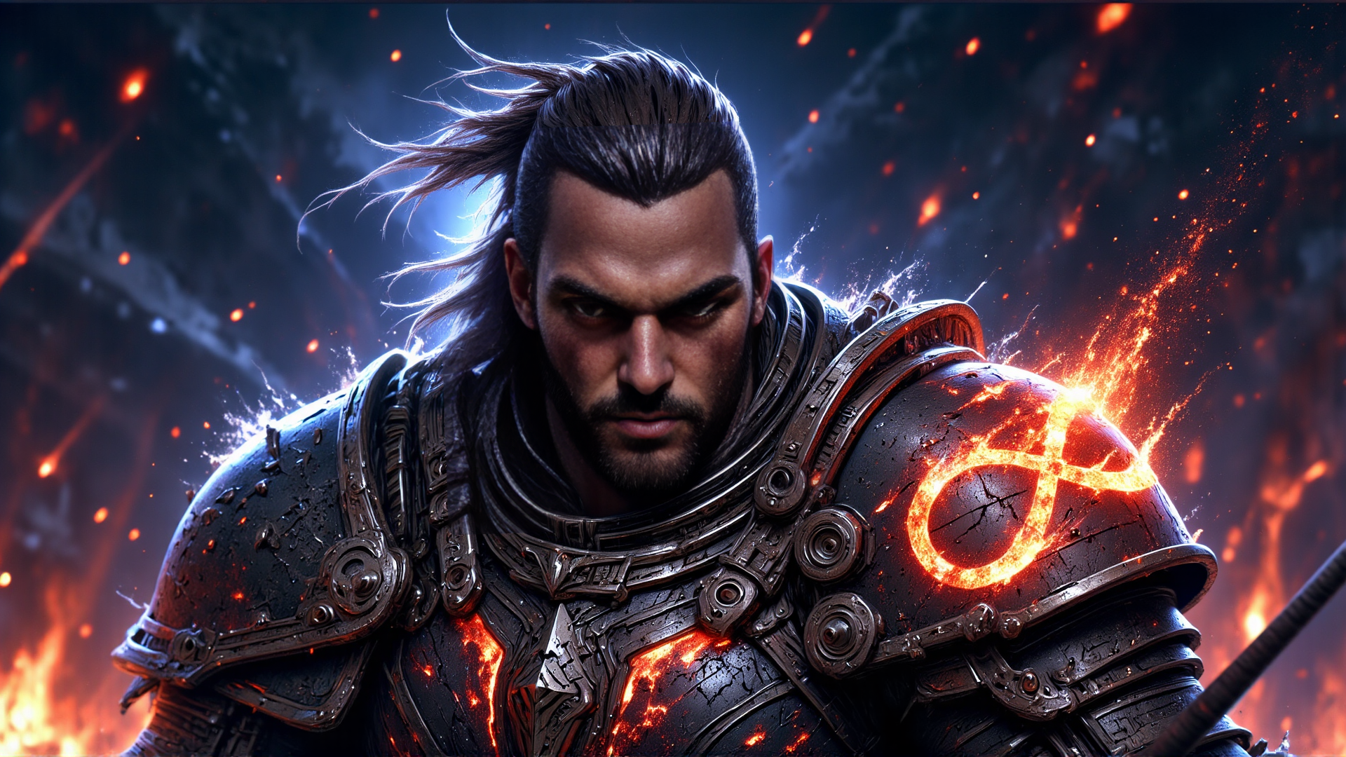 AI generated wallpaper featuring warrior, armor, fire