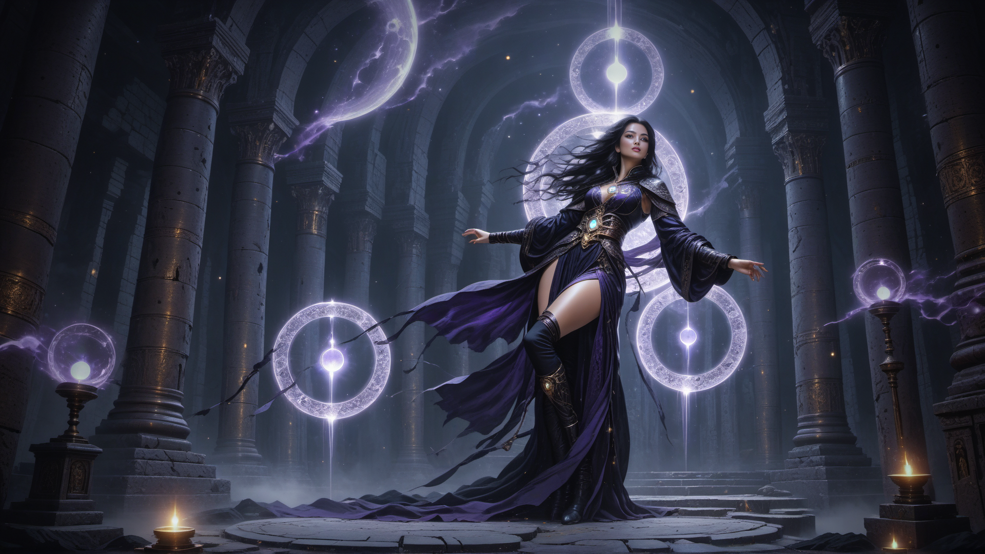 AI generated wallpaper featuring woman, circles, ancient building