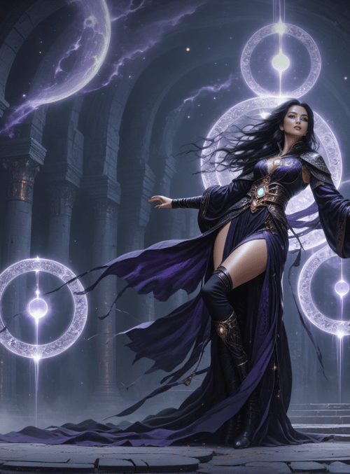 woman, circles, ancient building