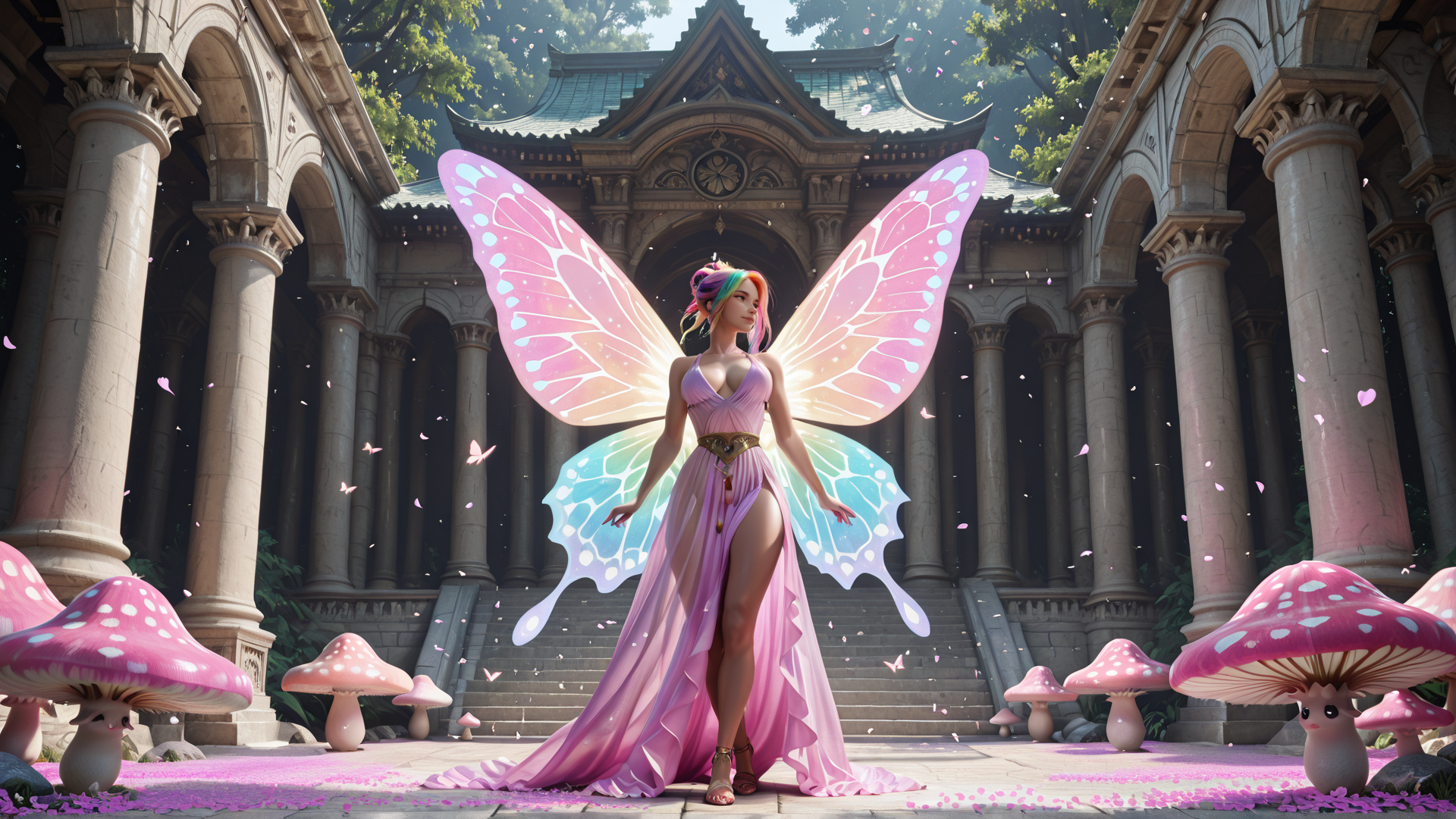 AI generated wallpaper featuring fairy, butterfly wings, mushroom, ancient temple, stone pillars, pink petals, woman, gown, columns, flowers