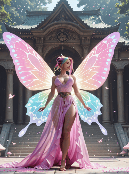 fairy, butterfly wings, mushroom, ancient temple, stone pillars, pink petals, woman, gown, columns, flowers