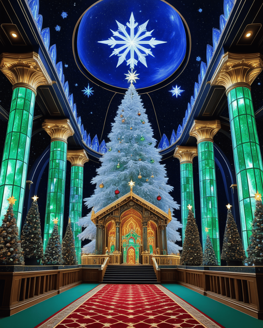 AI generated wallpaper featuring christmas tree, columns, snowflake, stars, carpet, ornaments, building, lighting, ceiling, trees