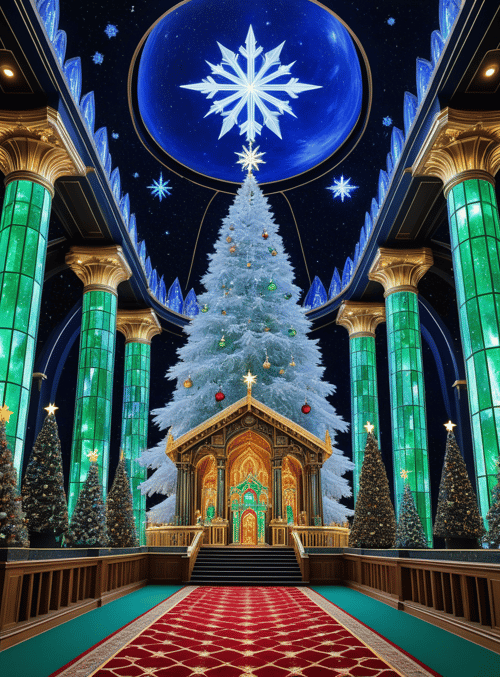 christmas tree, columns, snowflake, stars, carpet, ornaments, building, lighting, ceiling, trees