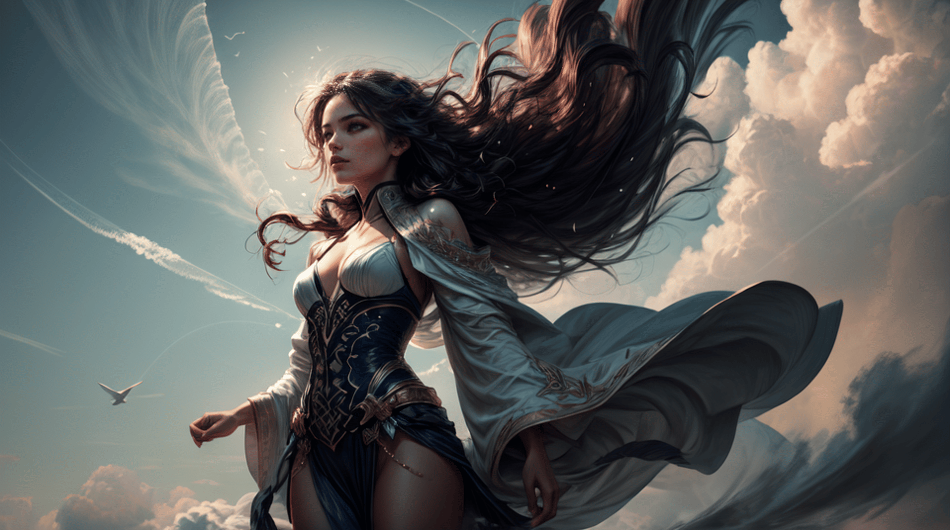 AI generated wallpaper featuring woman, angel, wind