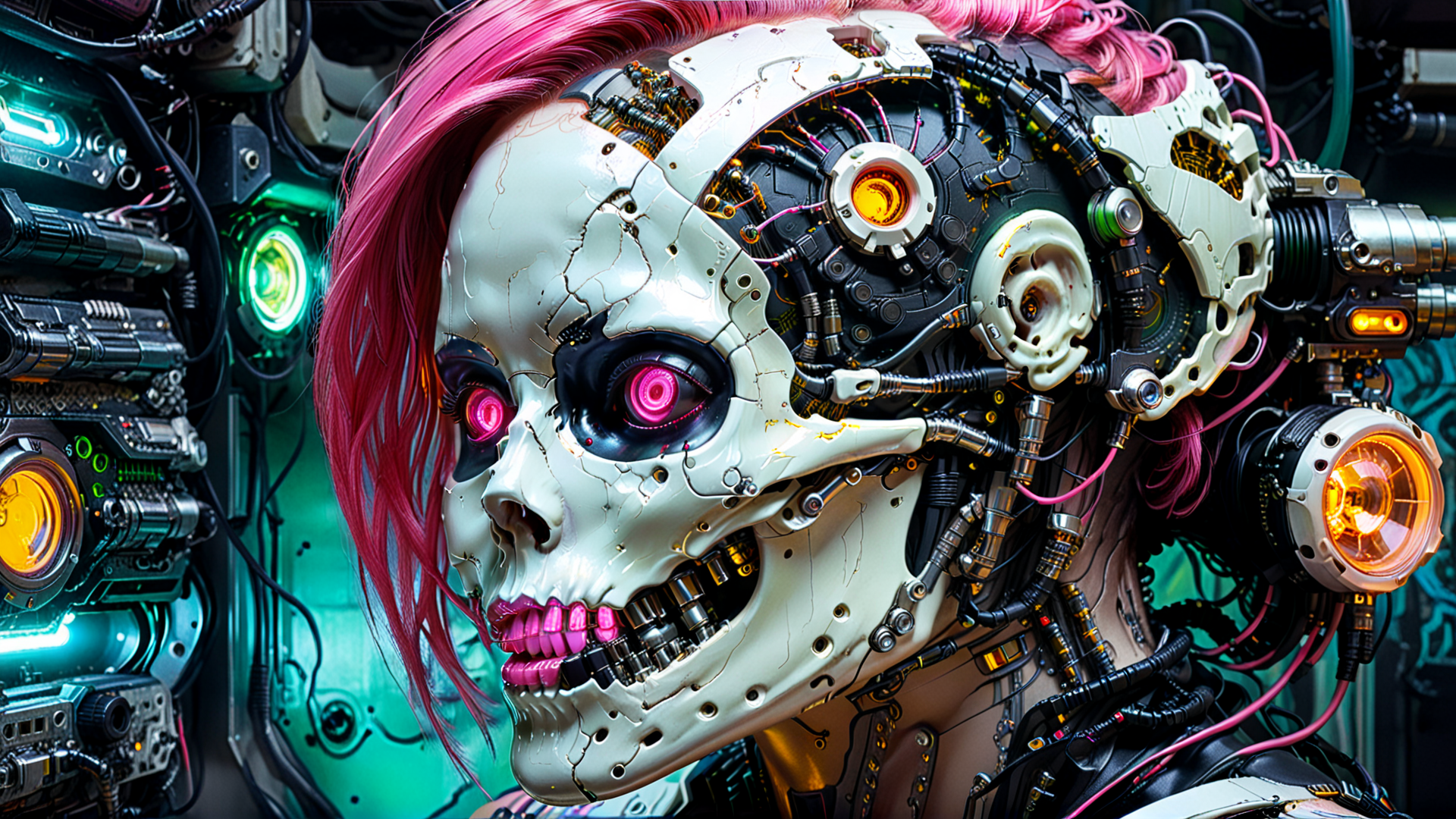 AI generated wallpaper featuring cyborg, skull, robot