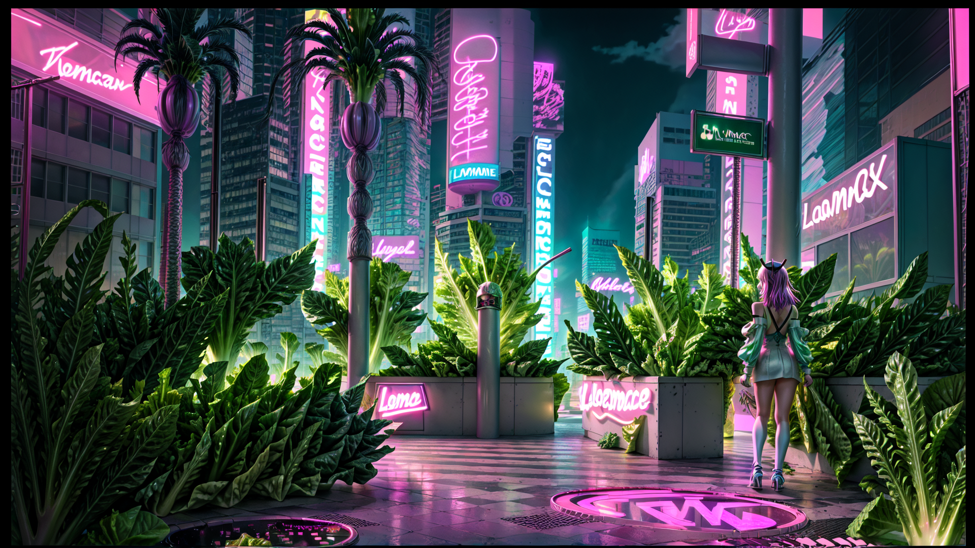 AI generated wallpaper featuring woman, cityscape, neon signs, palm trees, plants, buildings