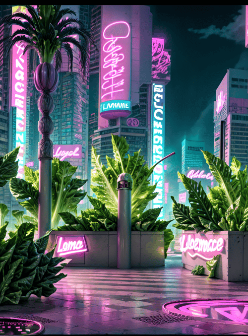 woman, cityscape, neon signs, palm trees, plants, buildings
