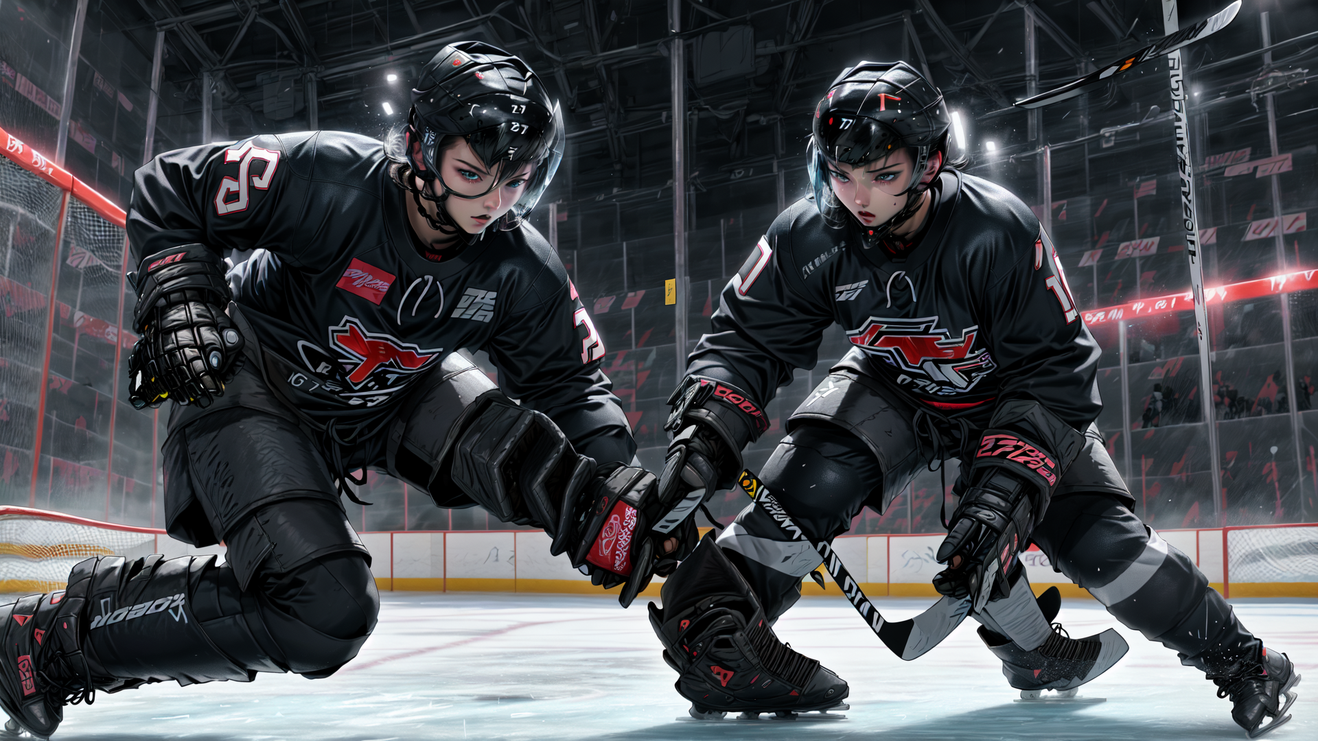 AI generated wallpaper featuring hockey players, ice hockey, jersey, helmet, skates, gloves, puck