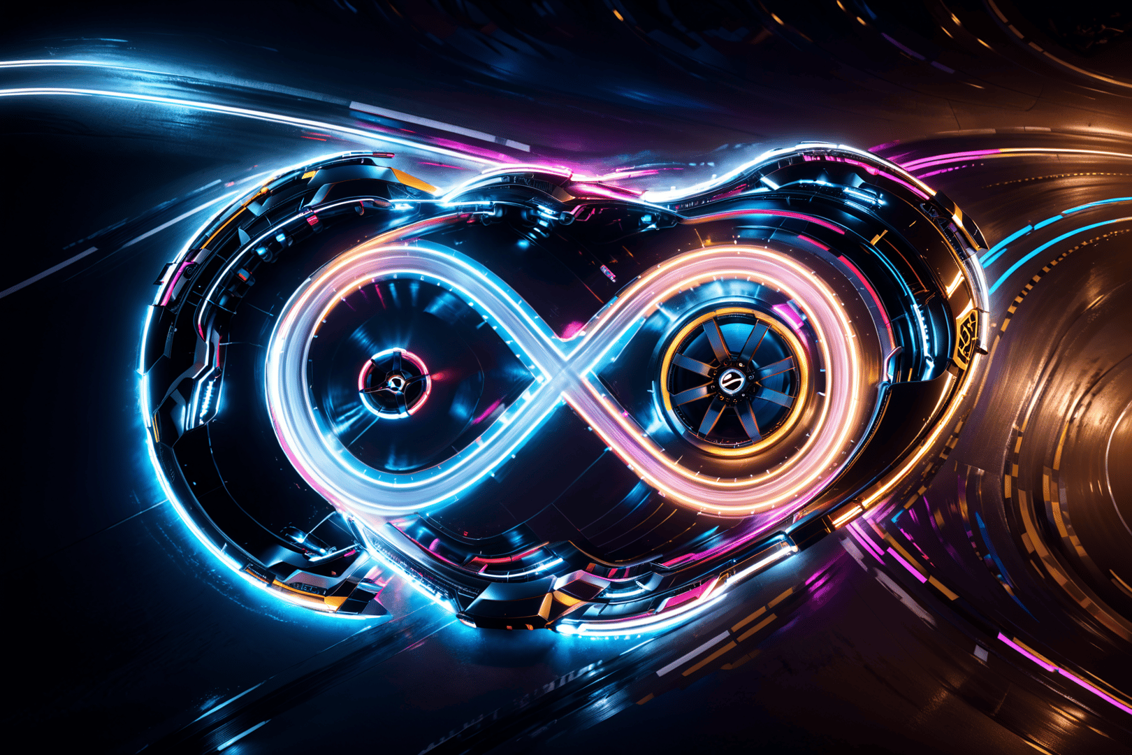 AI generated wallpaper featuring infinity symbol, neon, cyberpunk