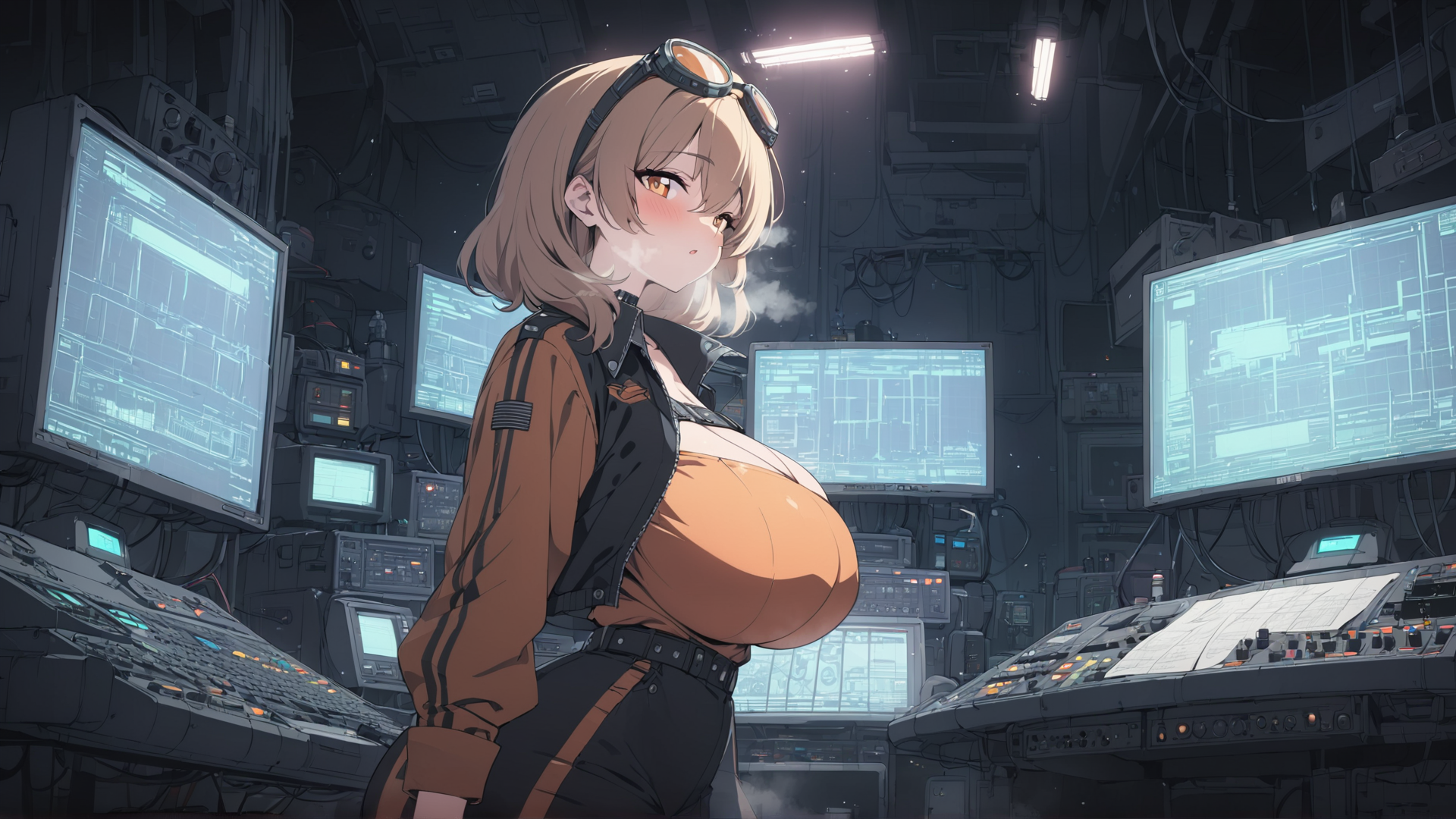 AI generated wallpaper featuring woman, cyberpunk, control room