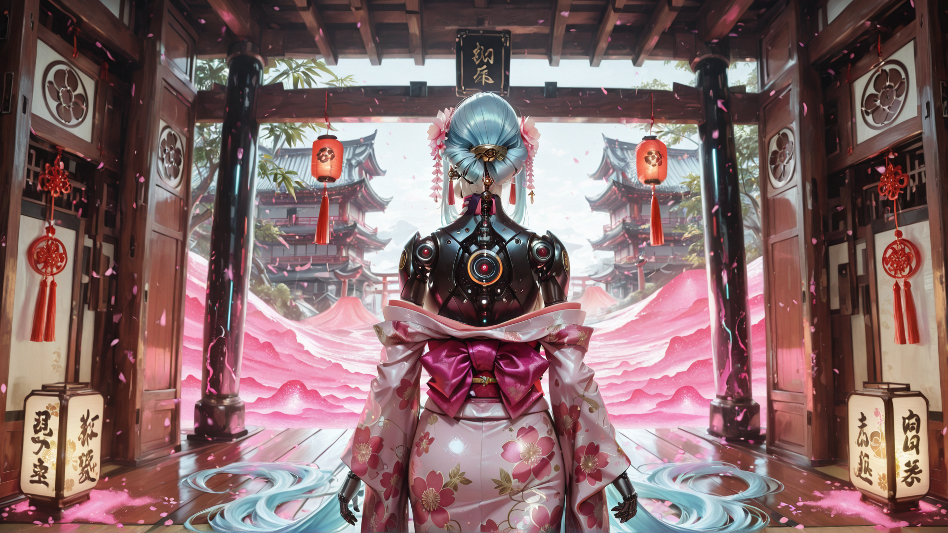 AI generated wallpaper featuring robot, kawaii, kimono, traditional, lantern, cherry, bamboo, building, garden, han, festival
