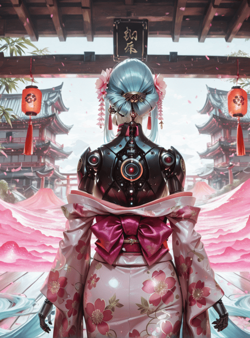 robot, kawaii, kimono, traditional, lantern, cherry, bamboo, building, garden, han, festival