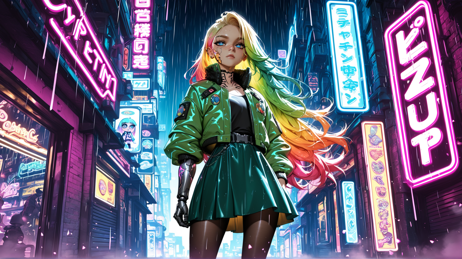 AI generated wallpaper featuring woman, cyberpunk, neon, street, rain, jacket, skirt, gloves, hair, signs