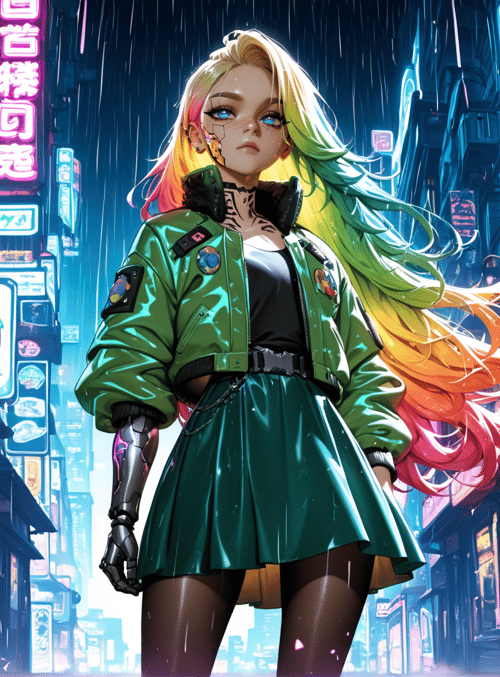 woman, cyberpunk, neon, street, rain, jacket, skirt, gloves, hair, signs