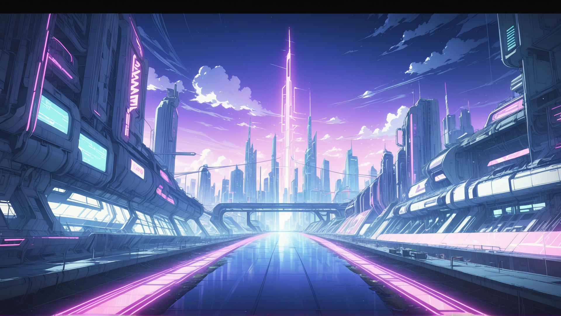AI generated wallpaper featuring cityscape, skyscrapers, neon