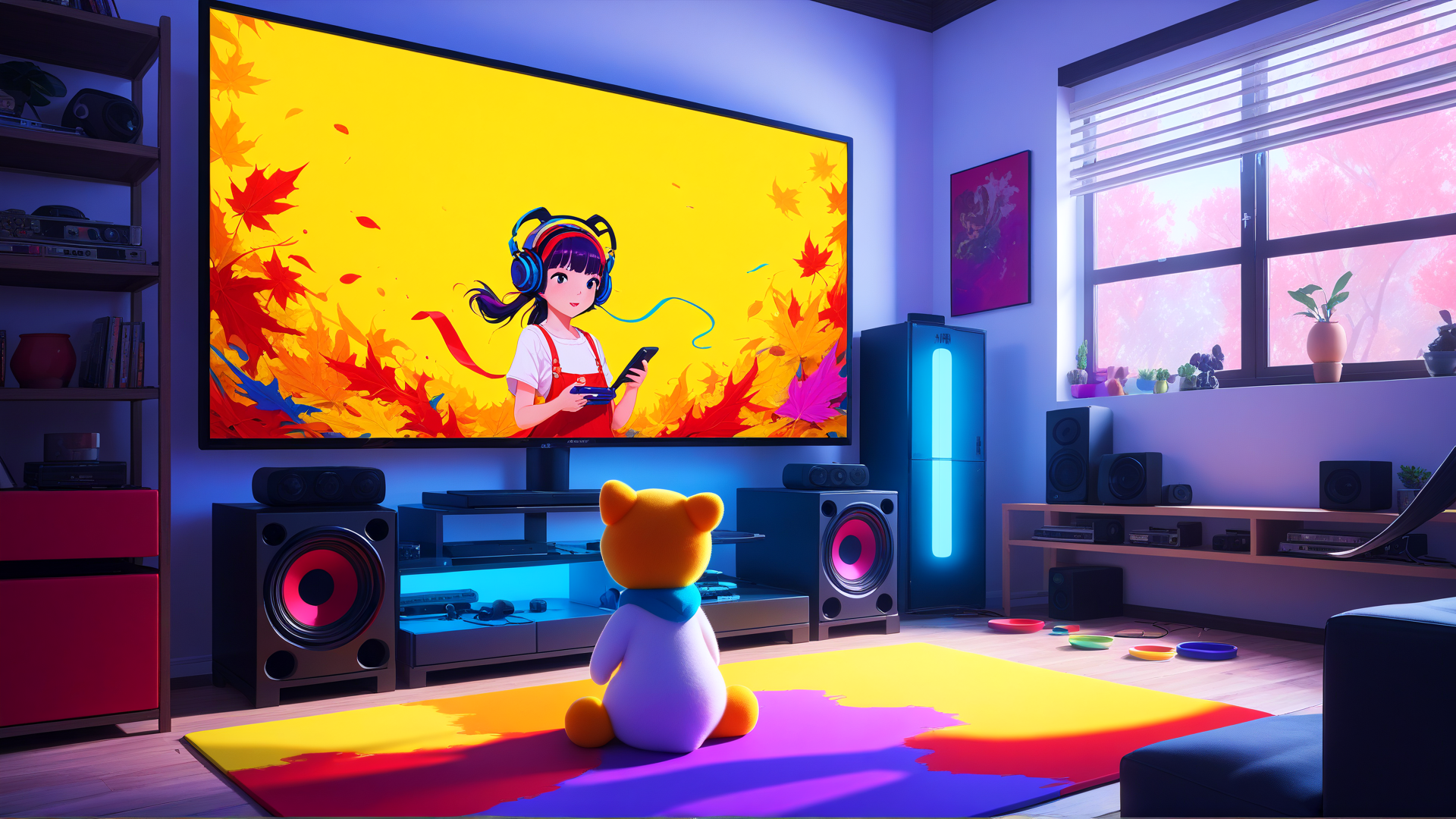 AI generated wallpaper featuring teddy bear, anime girl, television, speaker, room, leaves