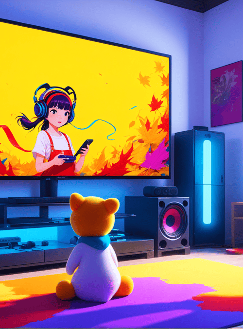 teddy bear, anime girl, television, speaker, room, leaves