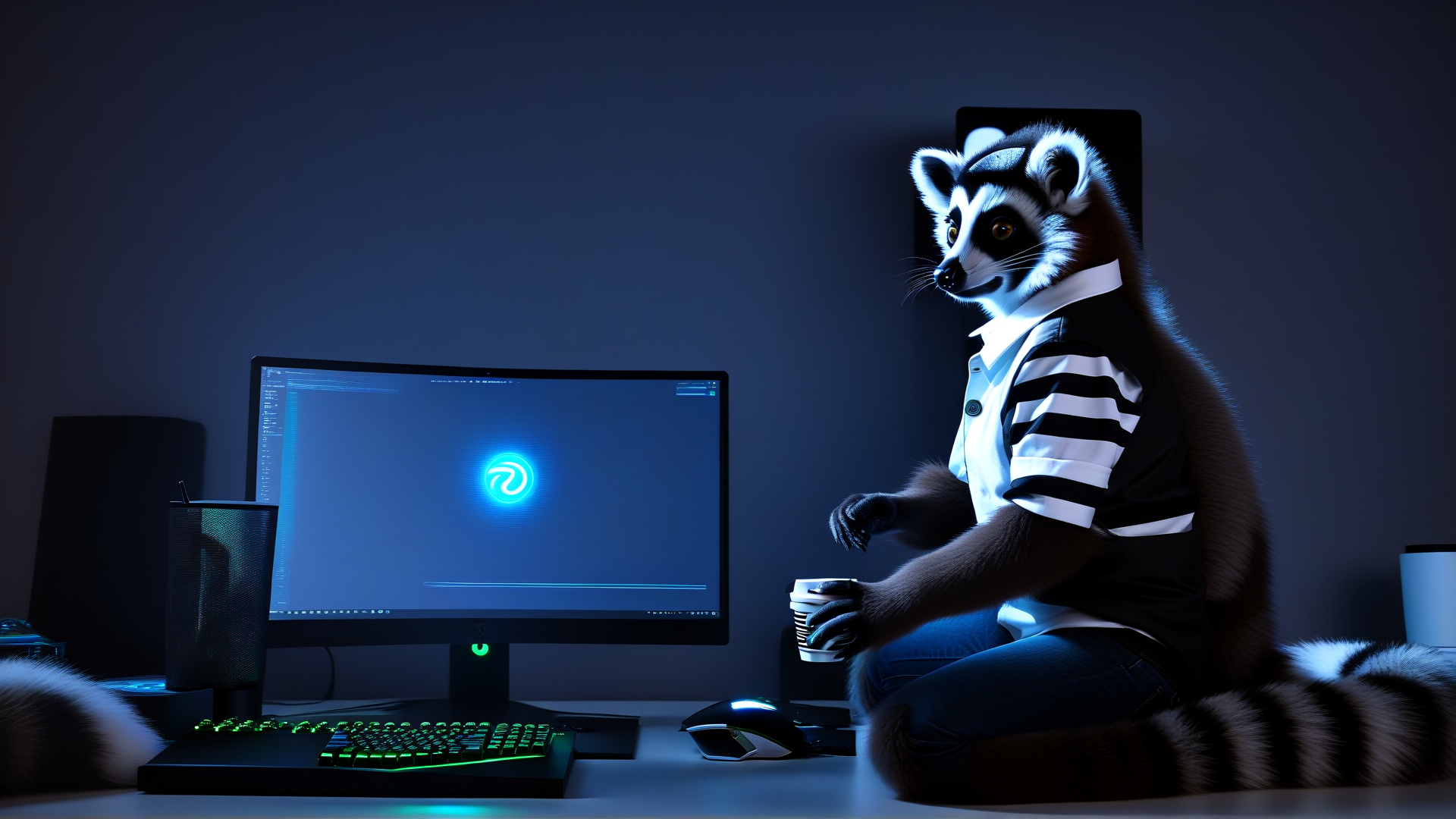 AI generated wallpaper featuring raccoon, computer, monitor, keyboard, mouse, cup, desk, mousepad, speaker, keyboard