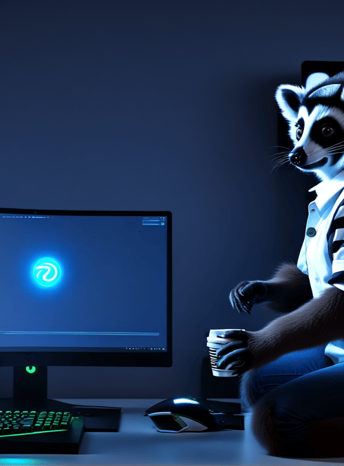 raccoon, computer, monitor, keyboard, mouse, cup, desk, mousepad, speaker, keyboard