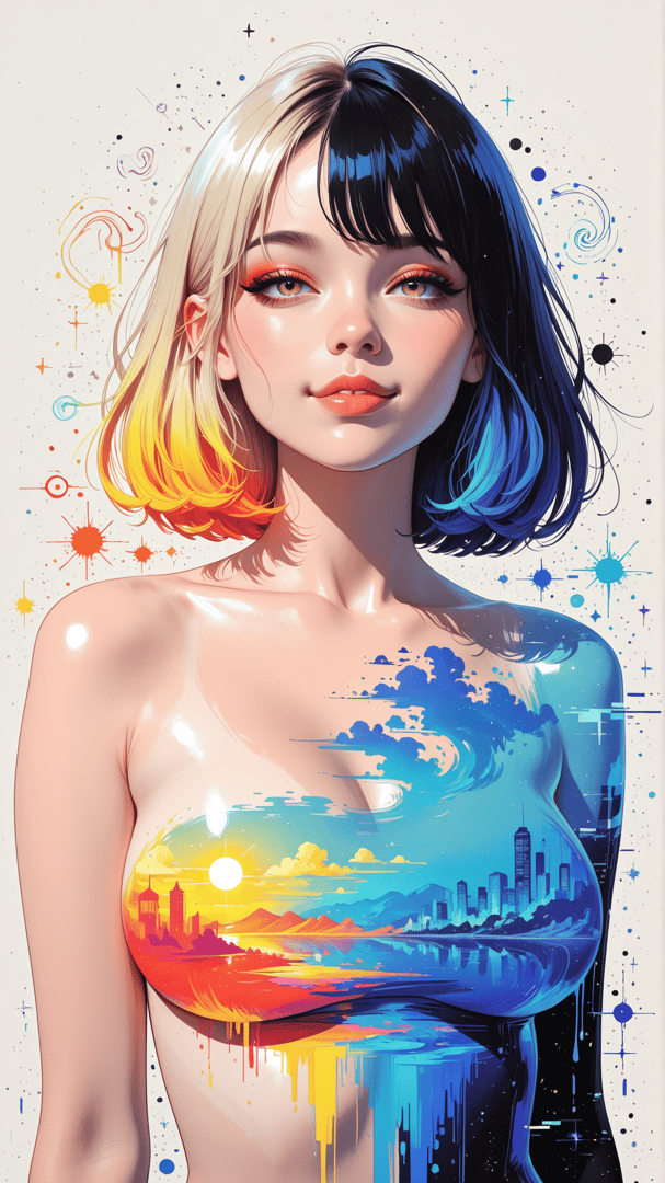 AI generated wallpaper featuring woman, cityscape, sunset, clouds, stars, paint, art, portrait, hair, sky