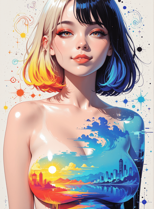 woman, cityscape, sunset, clouds, stars, paint, art, portrait, hair, sky