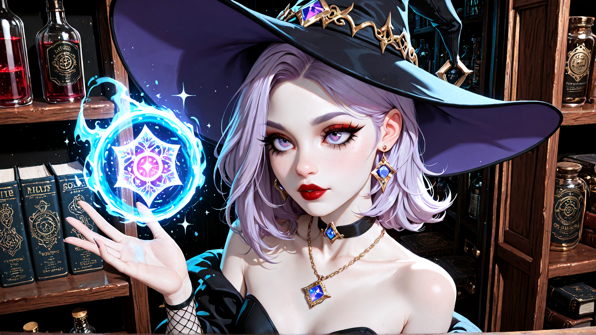 AI generated wallpaper featuring witch, wizard, spell, bookshelf, bottle, hat, magic, circle, jewelry, book