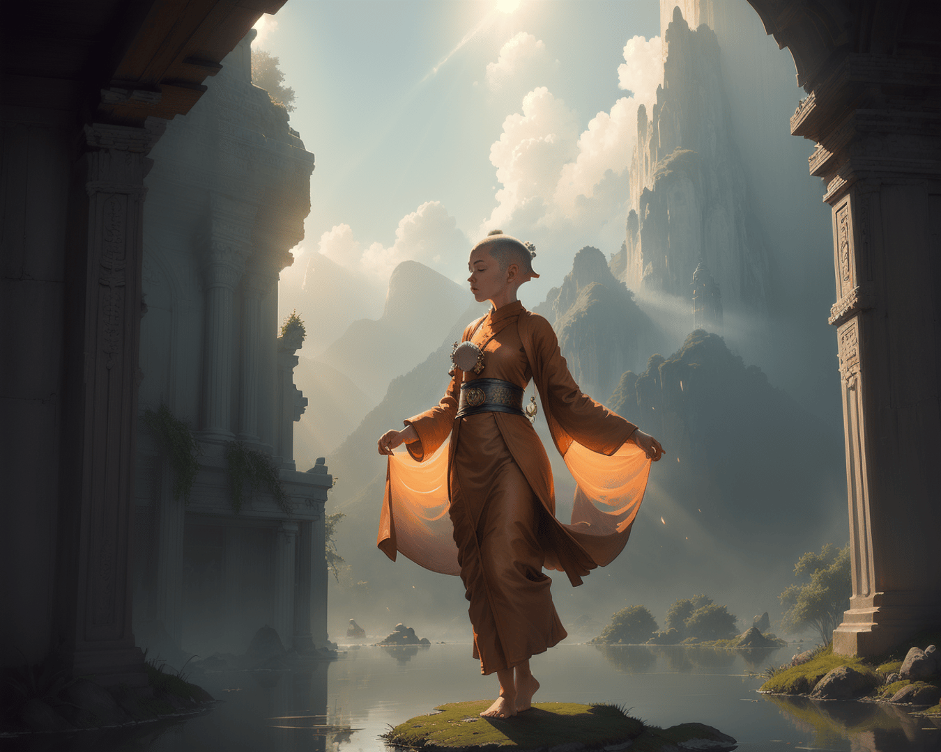 AI generated wallpaper featuring monk, ancient, mountain