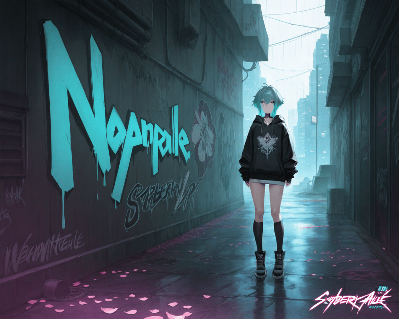AI generated wallpaper featuring girl, alley, graffiti