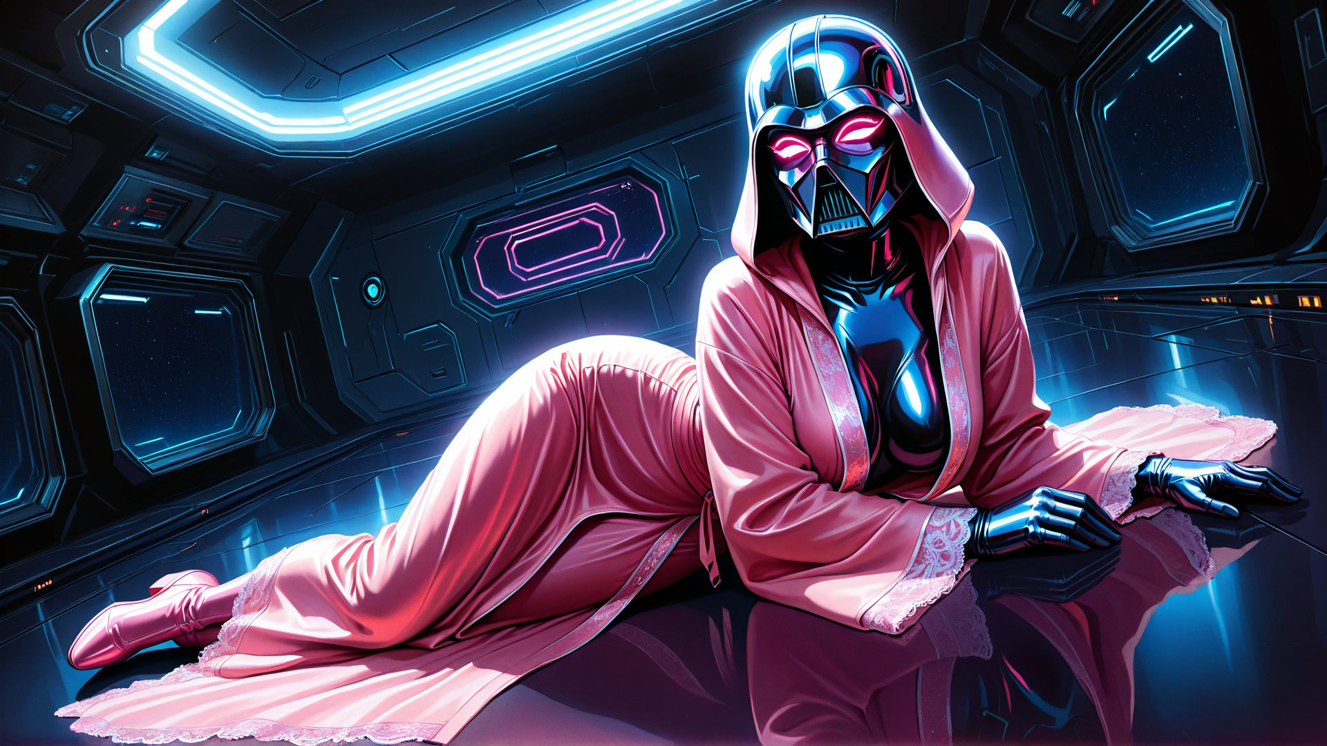 AI generated wallpaper featuring darth vader, robes, spaceship