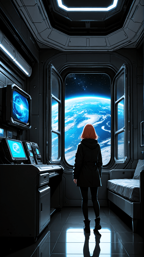 AI generated wallpaper featuring woman, spaceship, earth, monitor, bed, window, screen